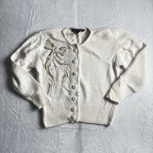 VTG IB Diffusion Bow Embroidered‎ Beige Long Sleeve Cardigan Women's Small